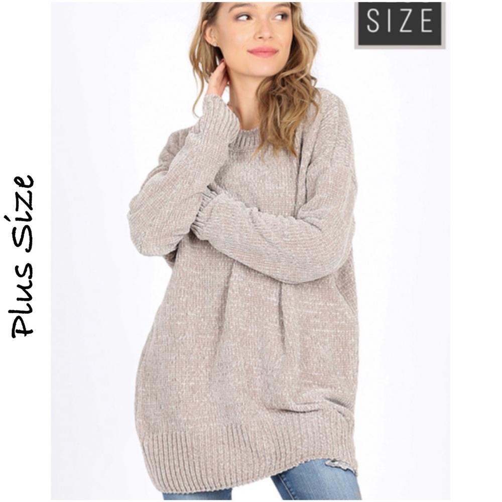 Light Grey round neck long sleeve chenille sweater Plus Size 1X 2X 3X